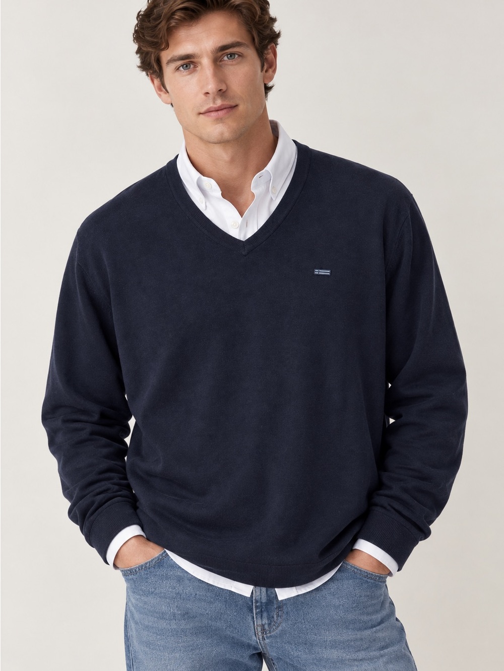 Marc O’Polo Men’s Navy Charcoal V-Neck Cotton Wool Sweater XL Logo